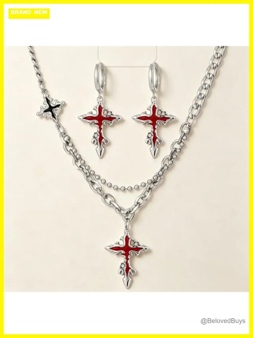Gothic Cross Necklace Earrings Set Stainless Steel Punk Grunge Jewelry